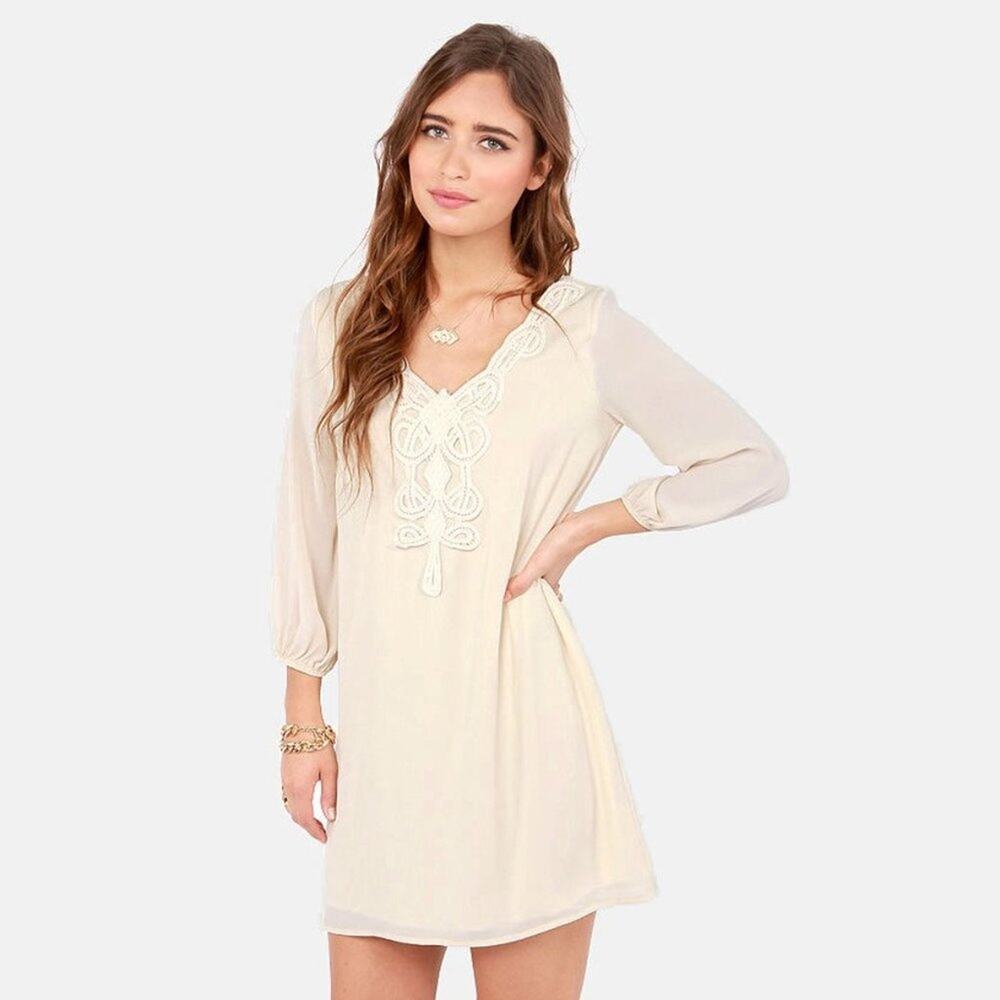 Sage for Lulus Cream Ivory Applique Long Sleeve Shift Mini Dress Womens S